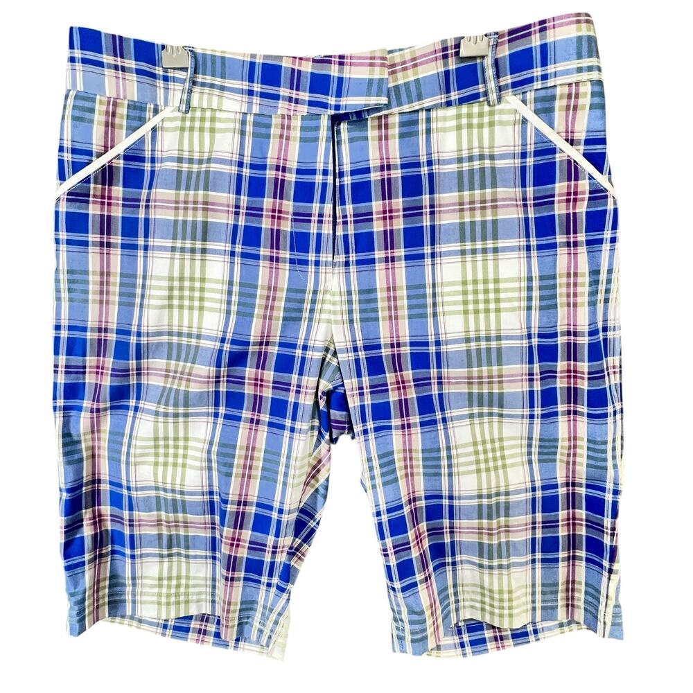 Peter Millar Bermuda Golf Shorts Women 12 Blue Plaid Cotton Casual Preppy Tennis